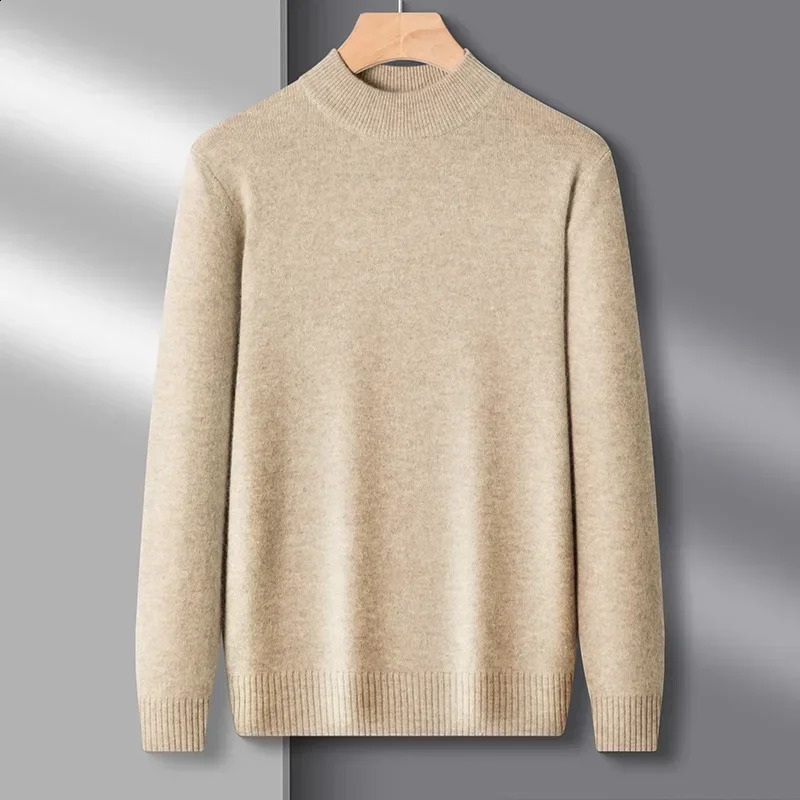 Mens Mock Neck 100% Pure Woolen Sweaters Autumn Winter Warm Cashmere Sweater Solid Knitted Pullovers for Men Slim Knitwear Tops 240821