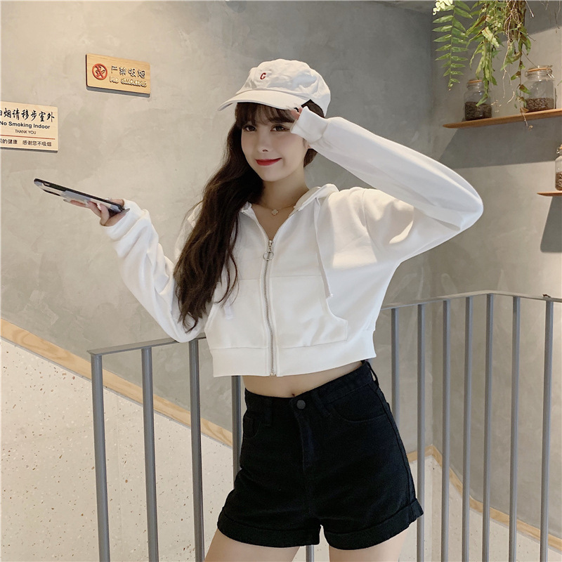 autumn new women's cardigan long sleeved sweatshirt jacket women hooded high waisted solid color short top ins trend dongdumaoyi