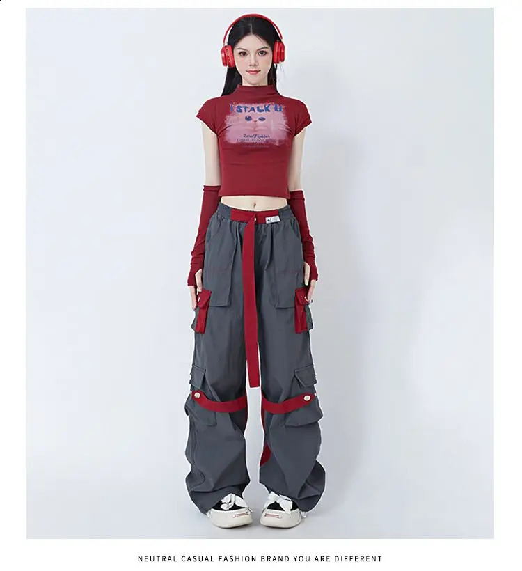 High Street Hip Hop Women Pants High Waist Color Block Overalls Wide-leg Casual Straight-leg Pants Y2k American Retro Streetwear 240821