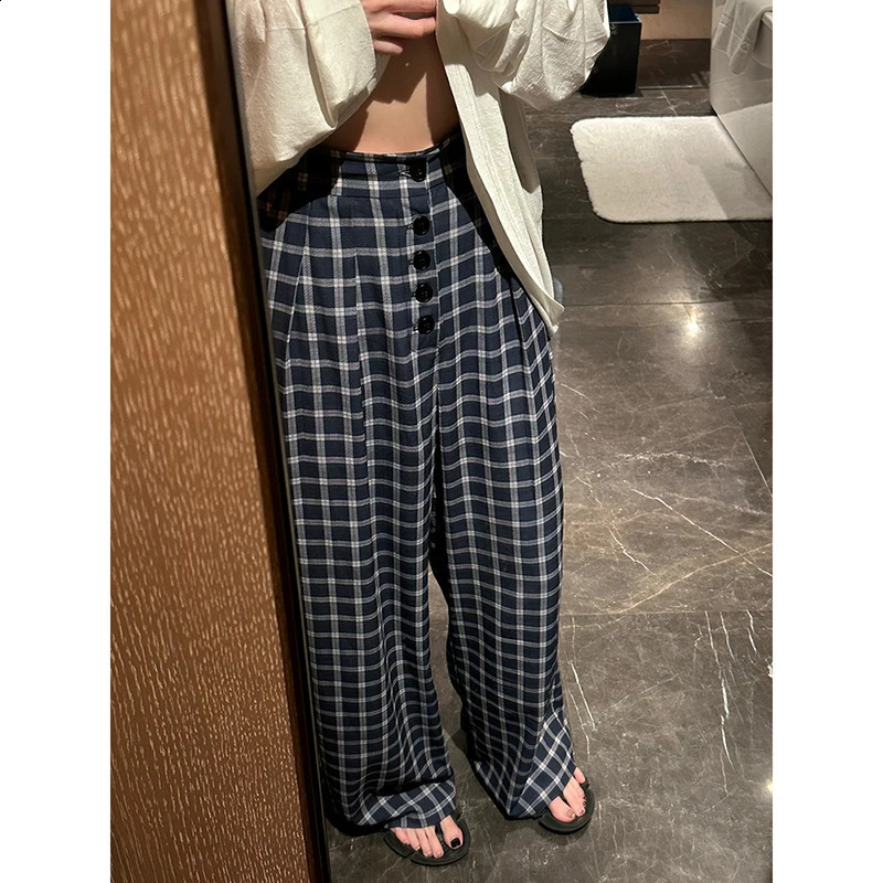 Plaid Blue Straight Long Pant Woman High Waist Buttons Pockets Loose Trousers Autumn Casual Harajuku Streetwear Baggy Pants Y2k 240821