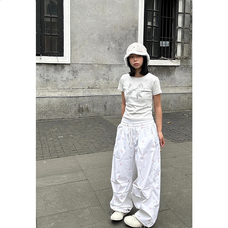 Summer Y2k Parachute White Pants Women Streetwear Fashion Baggy Bows High Waist Casual Sweatpants Hip Hop Slouchy Sport Joggers 240821
