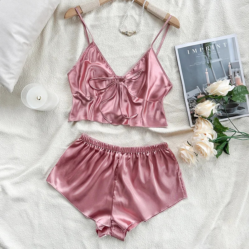 Red Ice Silk Pijamas Sexy Lingerie Lady Summer Night Wear Mini Strap Top shorts Solid Color Home Clothing 2Pcs Pyjamas Suit 240822