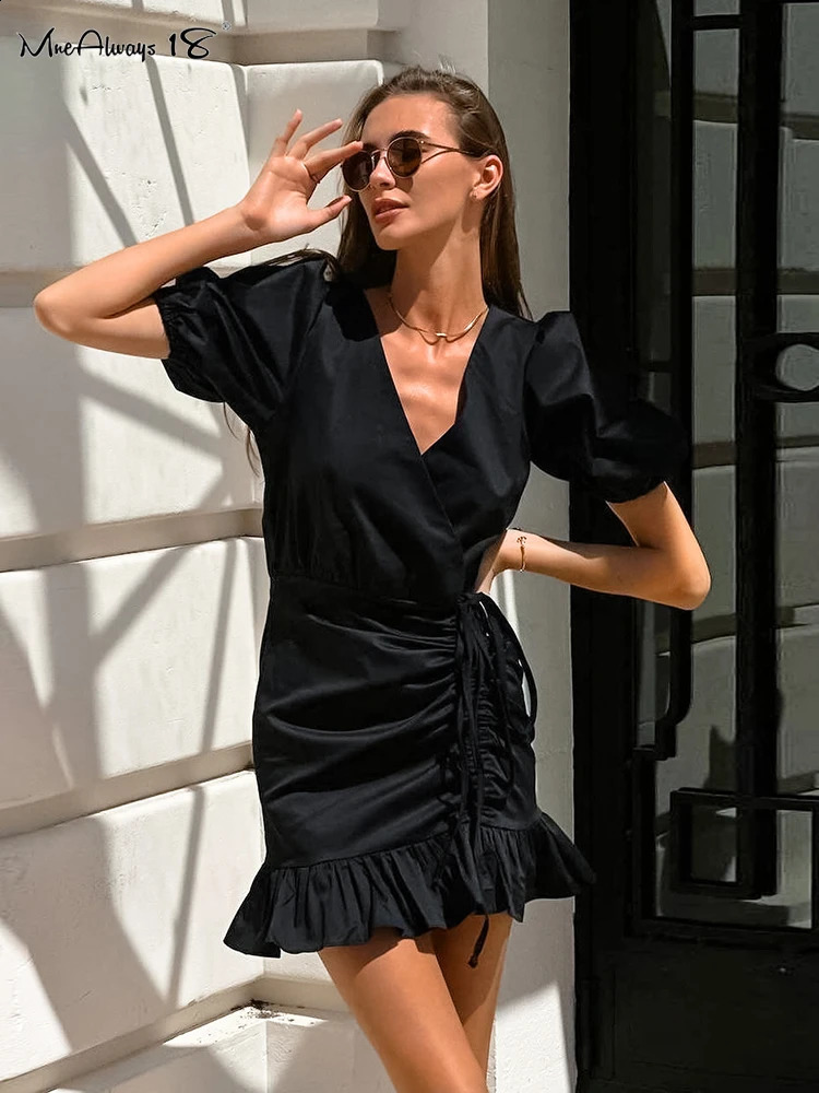 Mnealways18 Black Drawstring Elegant Mini Dress Womens Puff Sleeves Ruffled V-Neck Office Ladies Dress Summer High Waisted 240822