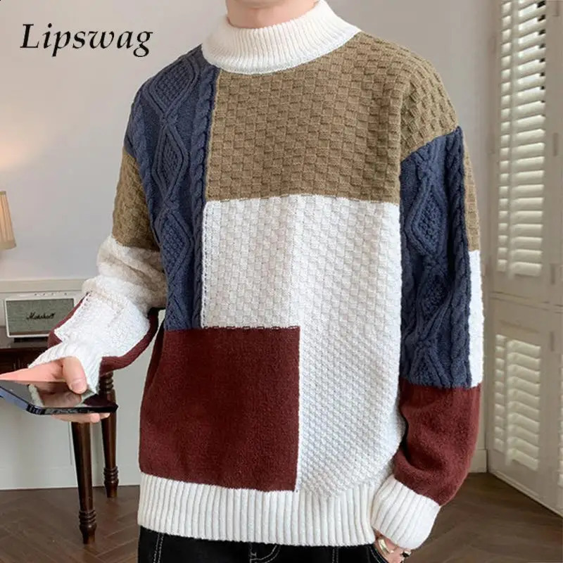 Vintage Patchwork Mens Sweater Pullovers Autumn Winter Fashionable Contrast Color Knitted Slim Jumpers Men Daily Casual Sweaters 240821