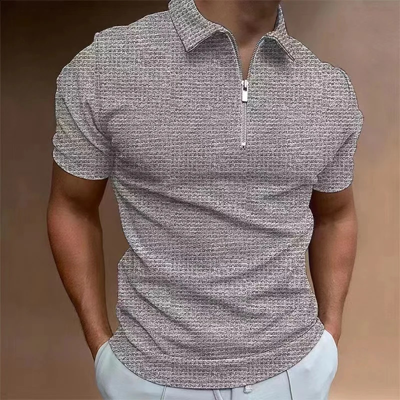 2024 Mens Waffle Polo Shirt Short sleeved Summer Zipper Slim Fit Comfortable Casual Business Top Mens Wear 240821