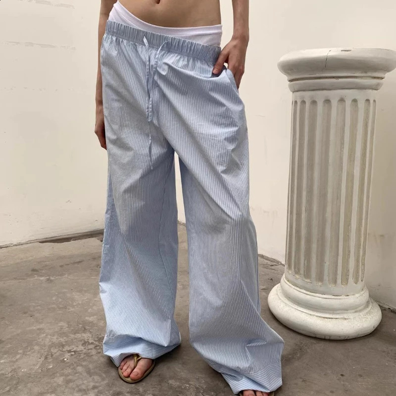 QWEEK Oversized Y2k Striped Womans Pants Baggy Harajuku Old Money Casual Basic Trousers Korean Fashion Wide Leg Elastic Waist 240821