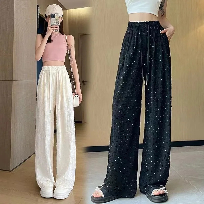 Y2k Streetwear Diamonds Wide-legged Pants Grunge Hole Women Clothing High Waisted Baggy Straight Pants n Chic Trouser 240821