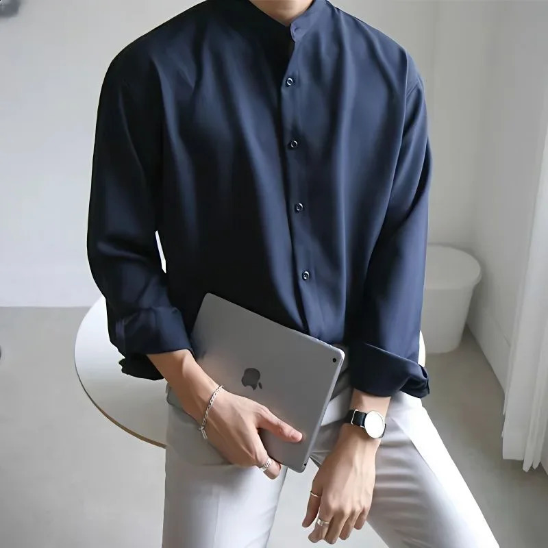 Men Spring Autumn Fashion Stand Collar Solid Shirts Men Long Sleeve Business Casual Shirts Male Loose Blouses I170 240822
