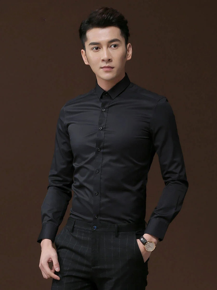 Mens long sleeved shirts slim fitting clothes white business casual formal clothes inch shirts youth spring shirts 240822