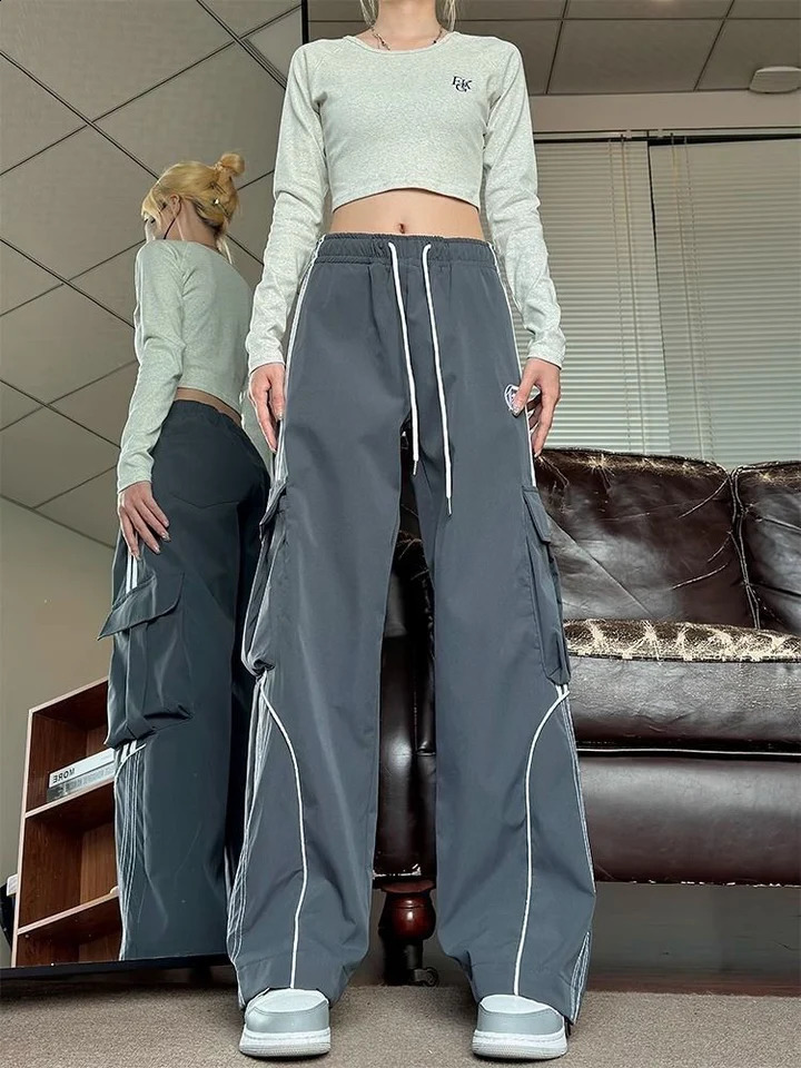 Zoki Hip Hop Vintage Y2K Cargo Pants Women Fall Streetwear American Straight Trousers Bf Oversize Loose Harajuku Casual Pants 240821