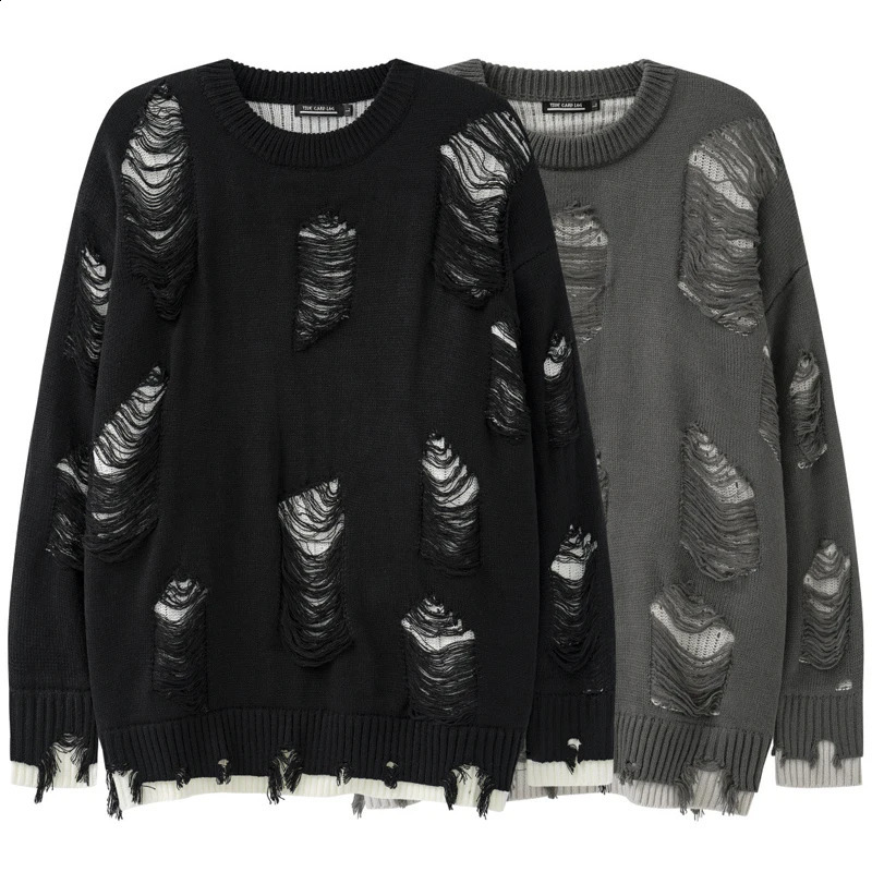 Ripped Oversize Baggy Sweater Grunge Men Women Gothic Dark Knitted Jumper Hip Hop Streetwear Pullover Loose Punk Holes Knitwear 240821