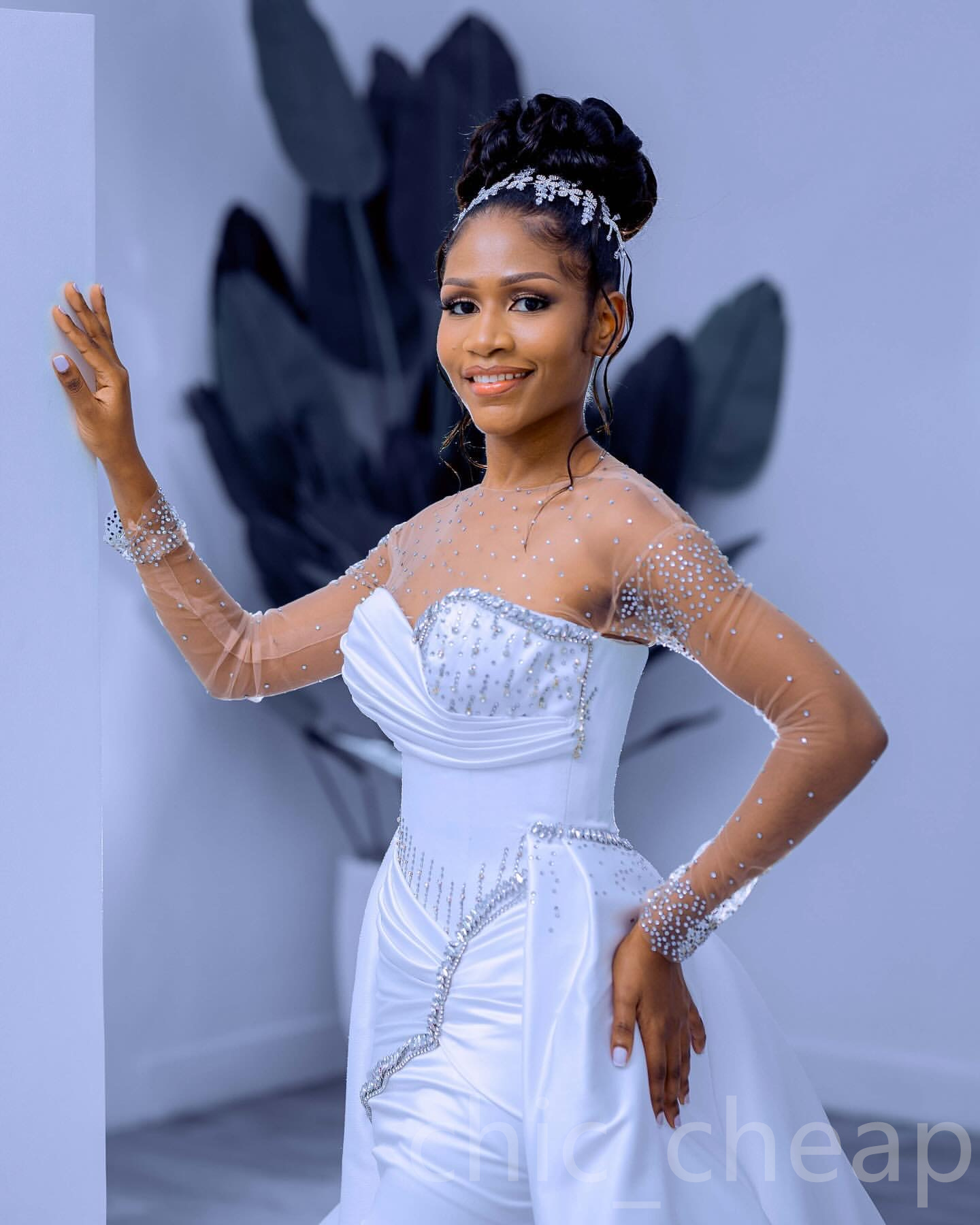 African Aso Ebi 2024 White Mermaid Wedding Dress Satin Rhinestones Sheer Neck Full Sleeves Detachable Train Elegant Bridal Gowns Dresses ZJ215