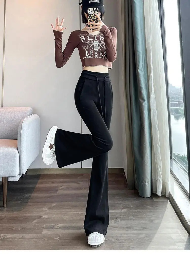 Womens Black Long Pants Slim Bell-bottoms High Waist Autumer Winter Korean Fashion Y2k Gray Casual Drawstring Bandage Trousers 240821