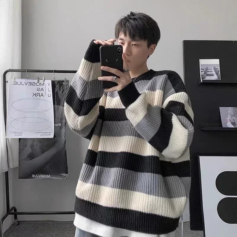 Mens Clothing Jacket Coat Pullovers Knit Sweater Male Striped Brown Cotton Korean Autumn Clothes Thick Winter Fun Heated Sheap 240821