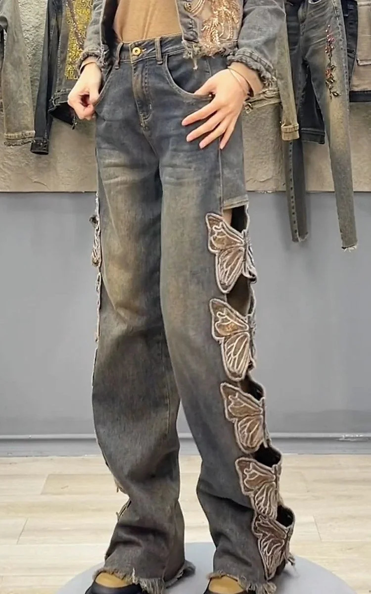 Summer Y2K Strtwear Harajuku Butterfly Decoration Denim Pants Womens High Waist Embroidery Loose Straight Hole Ripped Jeans Z260313