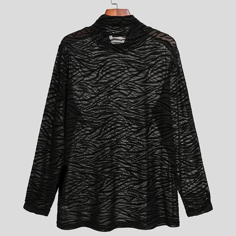 Mesh Shirt Long Sleeve Turtle Neck Nightclub Elastic Sexy Tshirt Spring Fashion Zebra Stripe Transparent Mens 240822