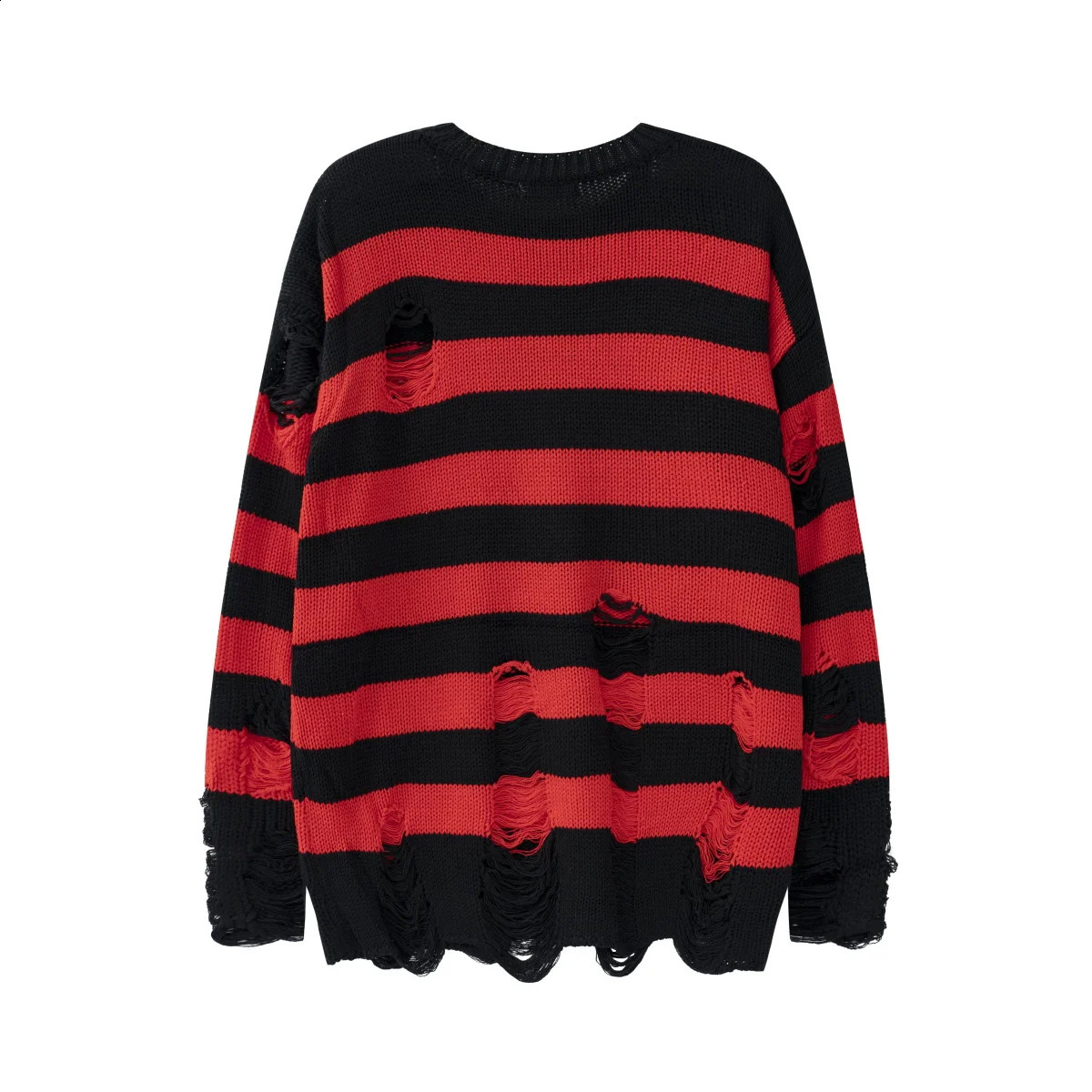 High Street Retro Punk Red and Black Stripes Autumn Sweater Men Loose Ripped Hole Tassel Pullover Round Neck Casual Clothes 240821