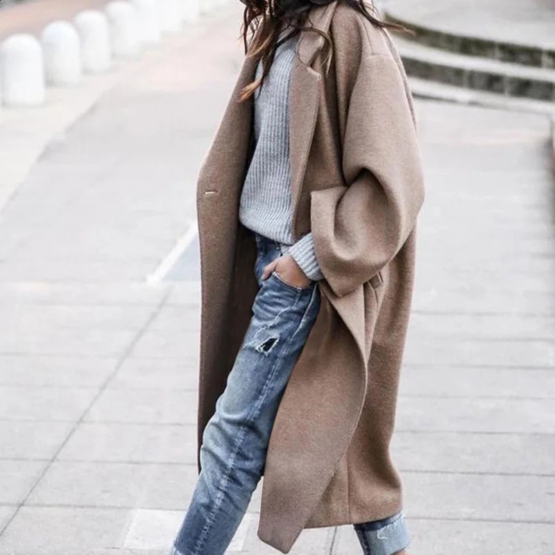 Simple Windbreaker Jacket for Women Fashion Korean Autumn Winter Thermal Lapel Woolen Trench Coat Large Size Loose Overcoat 240822