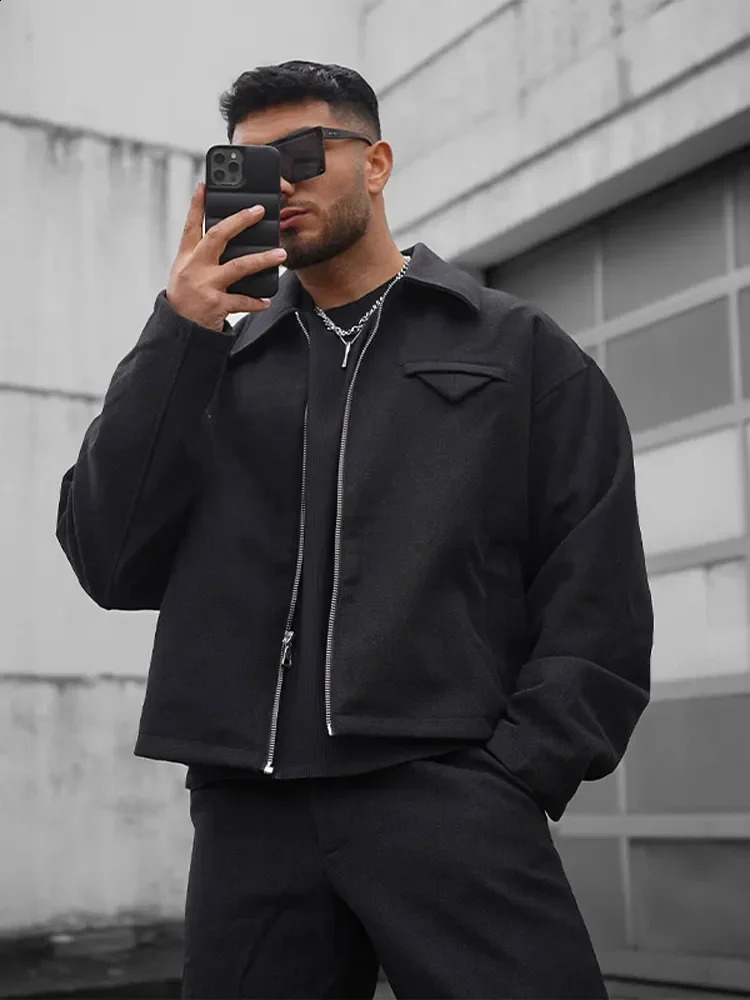 Mens Solid Lapel Long Sleeve Jackets Fashion Pocket Zipper Oversize Outerwear Autumn Man High Quality Street Warm Coat 240821