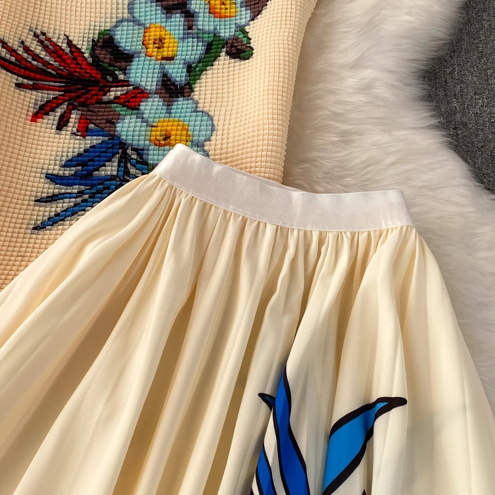 Miyake Pleated Suit for Women Summer Fashion Floral Printing Short Sleeve High Neck Top High Waist Skirt Two-Piece Set 240810