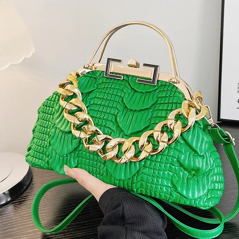 Luxury Womens Pink Green Folded Shoulder Bag Gold Thick Chain Messenger PU Leather Handbag Evening Clutch 240822