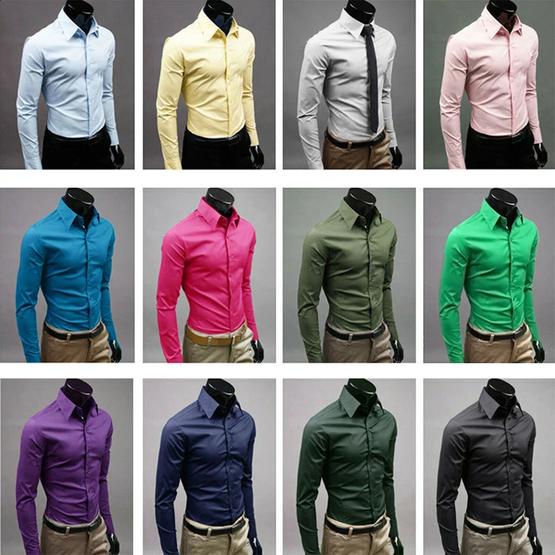Long Sleeve Button Up Shirts Solid Slim Fit Casual Business Formal Dress Shirt Suit for Wedding 240822
