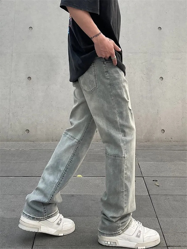 Jeans Mens High Street Ripped Straight Trousers Button Pocket Washed Solid Color Loose Trousers A168 240821