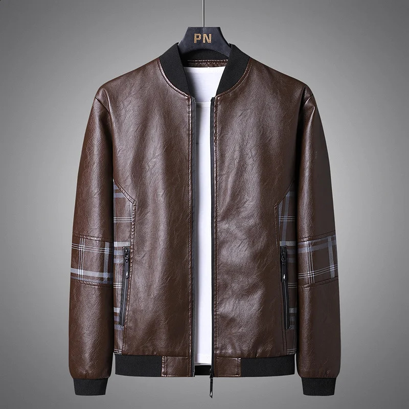 Autumn Side Plaid Spliced Leather Jacket Men Stand Collar Slim Pu Leather Jacket Fashion Motorcycle Causal Coat Winter Mens Coat 240822
