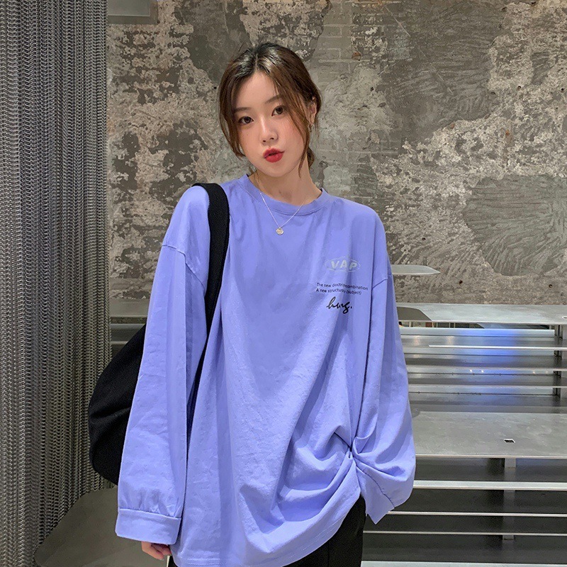 Spring Autumn New Korean Edition Front and Back Letter Printed Thin Sleeve Hoodie for Female Students, Medium to Long Length Round Neck Top dongdumaoy