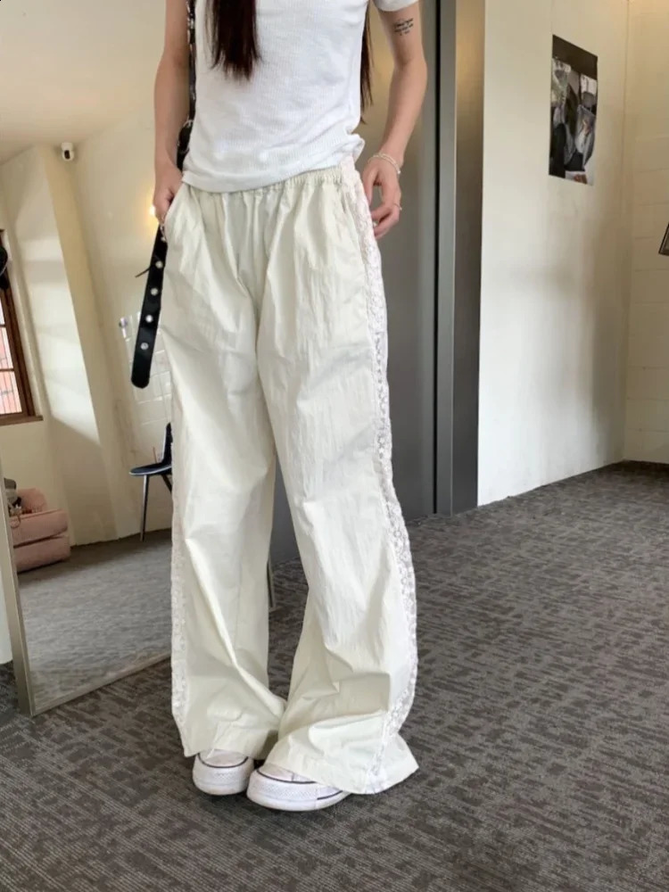 ADAgirl Beige Striped Wide Leg Pants for Women Lace Patchwork Straight Trouser Elastic Waist Summer Fashion Casual Bottoms Mujer 240821