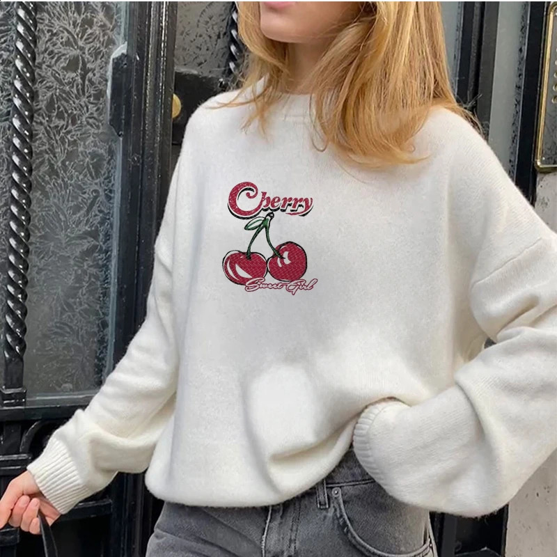 2024 Autumn Women Casual Sweater Cherry Pattern Cute Couple Sweaters O-Neck Long Sleeve Male Knitted Sweater Harajuku Pullover 240821