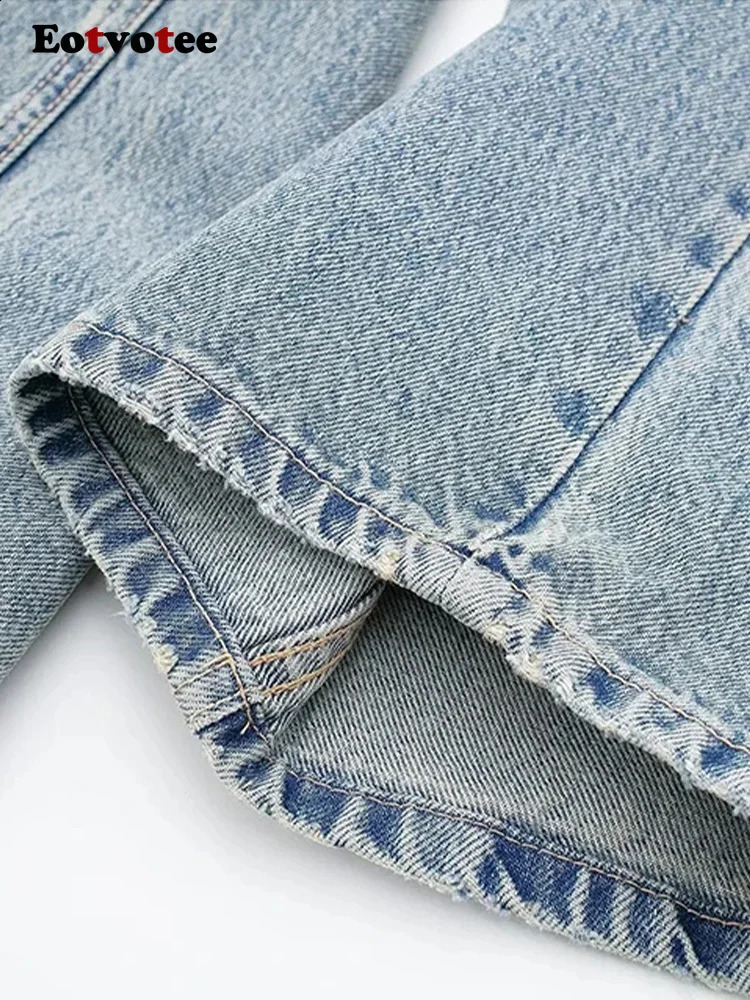 EOTVOT Blue Vintage Women Casual Strtwear Denim Pants Hole Trousers Patchwork High Waisted Y2k Jeans Z260313