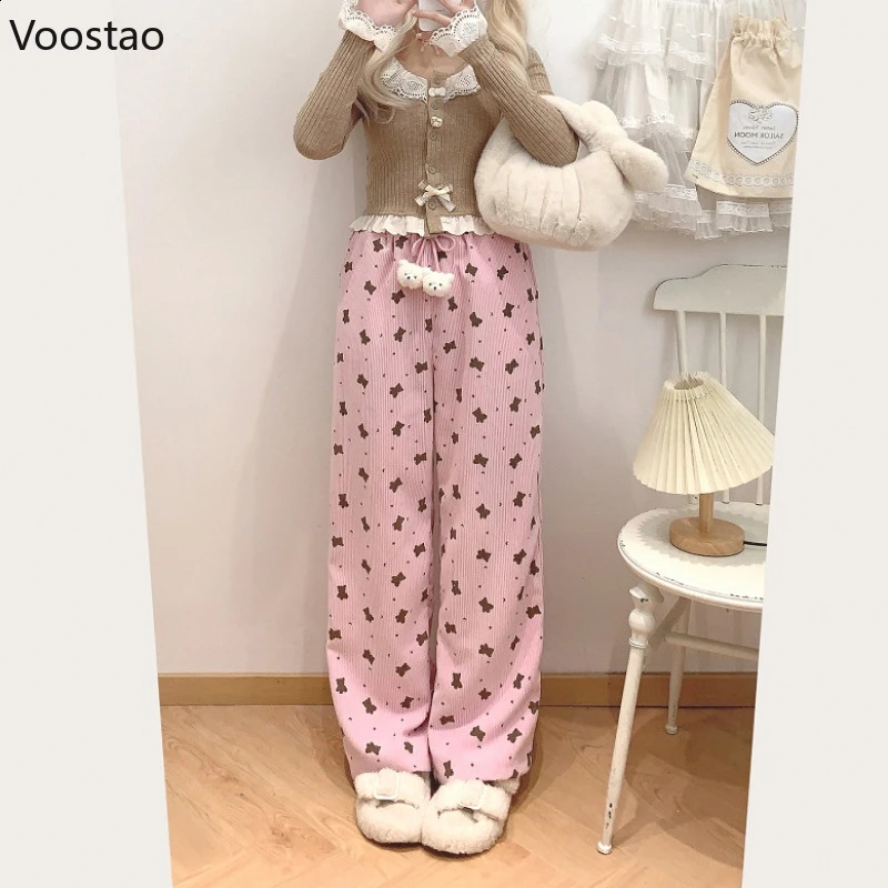 Japanese Sweet Cartoon Bear Print Corduroy Wide Leg Casual Pants Women Vintage Y2k Cute Loose Trouser Korean Harajuku Sweatpants 240821