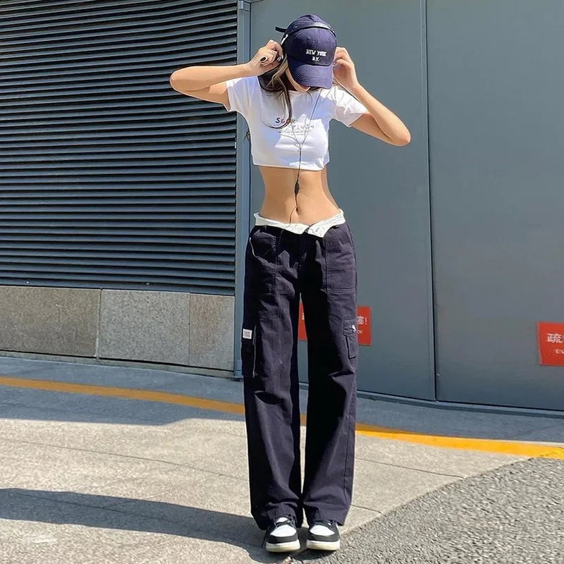 Y2k Streetwear Casual Cargo Pants Women Straight High Waist Baggy Pants Fashion Slim Zipper Multiple Pockets Sports Pants 240821
