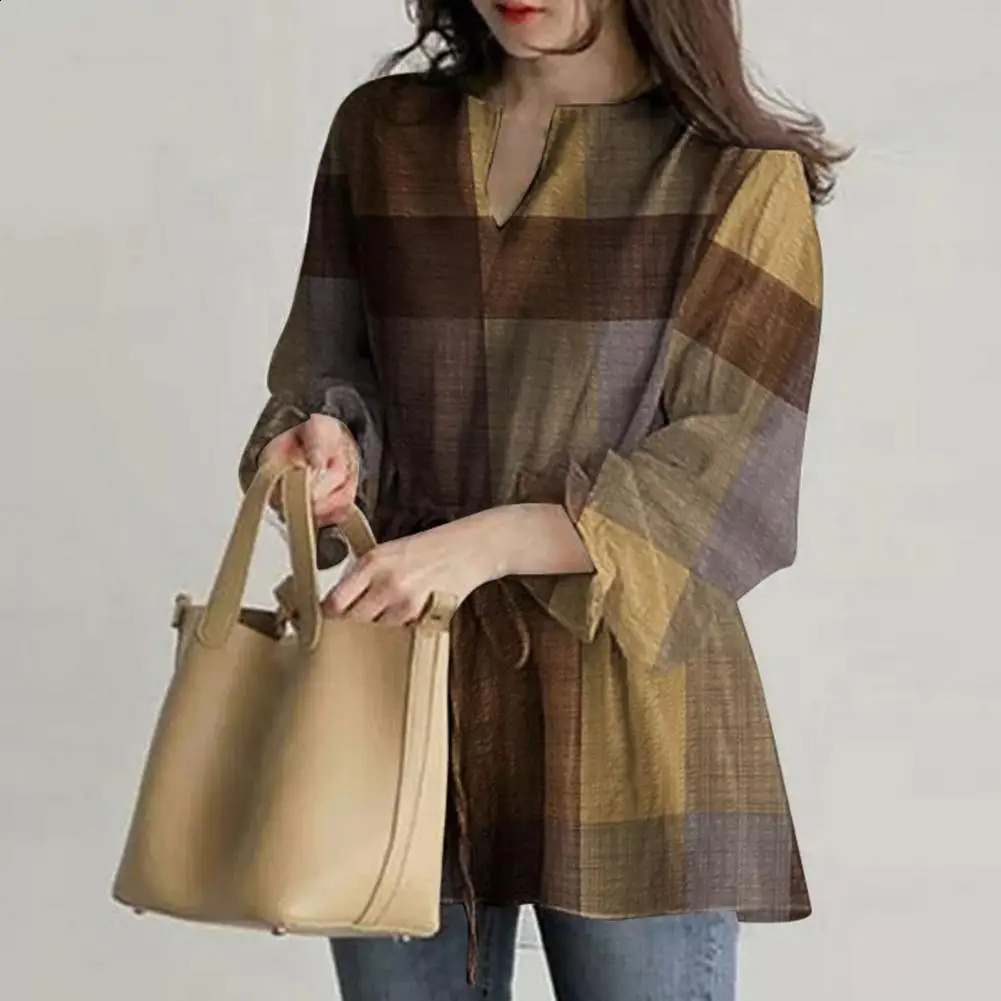 5XL plain weave elegant shirt Vneck ruffled cuffs waist tie simple casual flash long sleeved womens tuning top clothing 240822