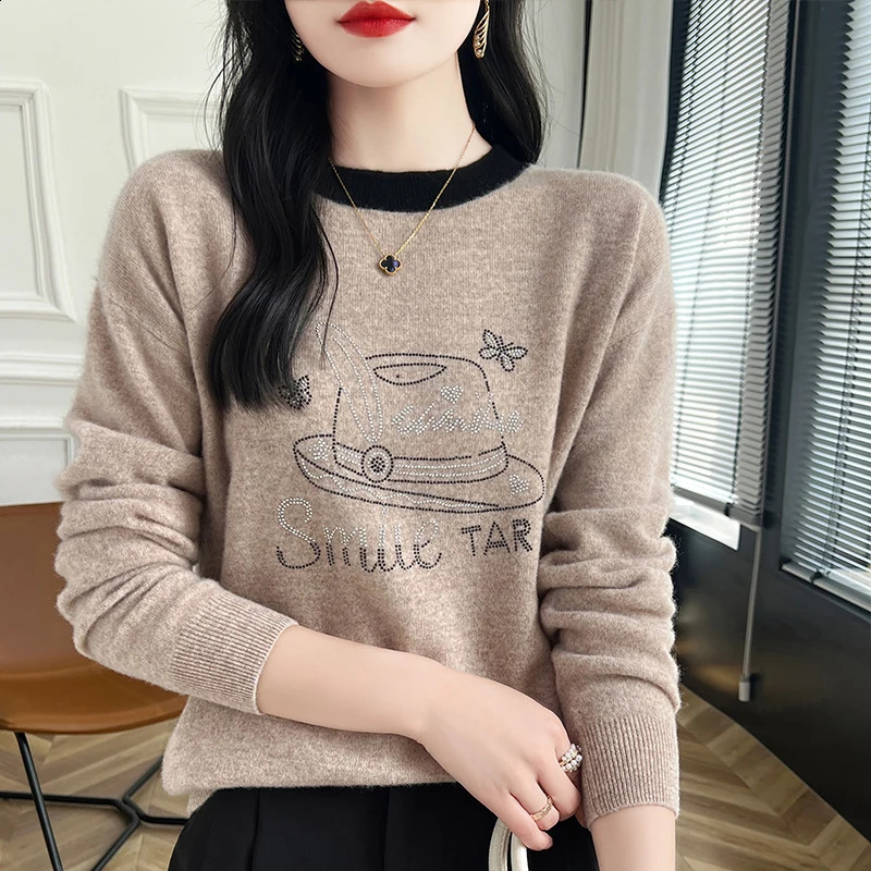 Autumn and Winter Womens Cashmere Sweater 100% Wool Warm Hoodie Round Neck Color Blocked Diamond Casual Knitted Top 240821