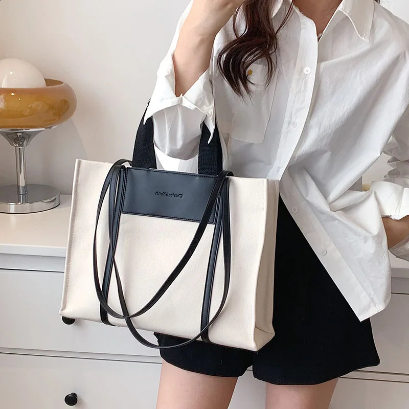 High Quality Canvas With Leather Big Shoulder Bags For Women Large Capacity Ladies Handbags Purses Shopper Bag 240822