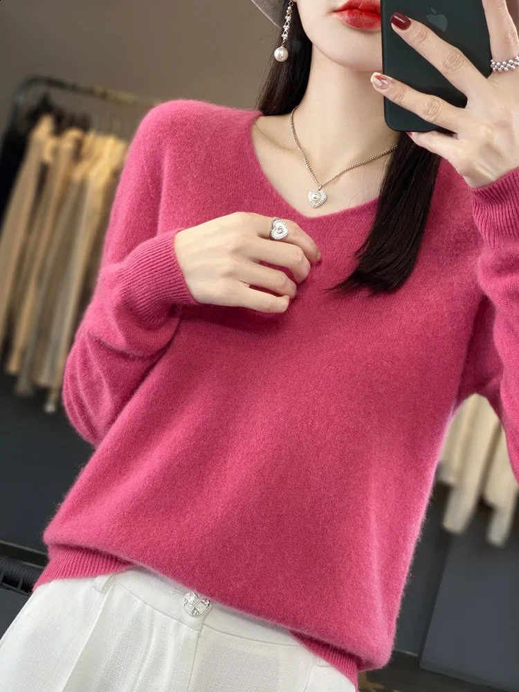 Fashion Women Cashmere Sweater 100% Merin Wool Pullover V-neck Casual Knitwear Long Sleeve Autumn Winter Basic Clothing Tops 240822