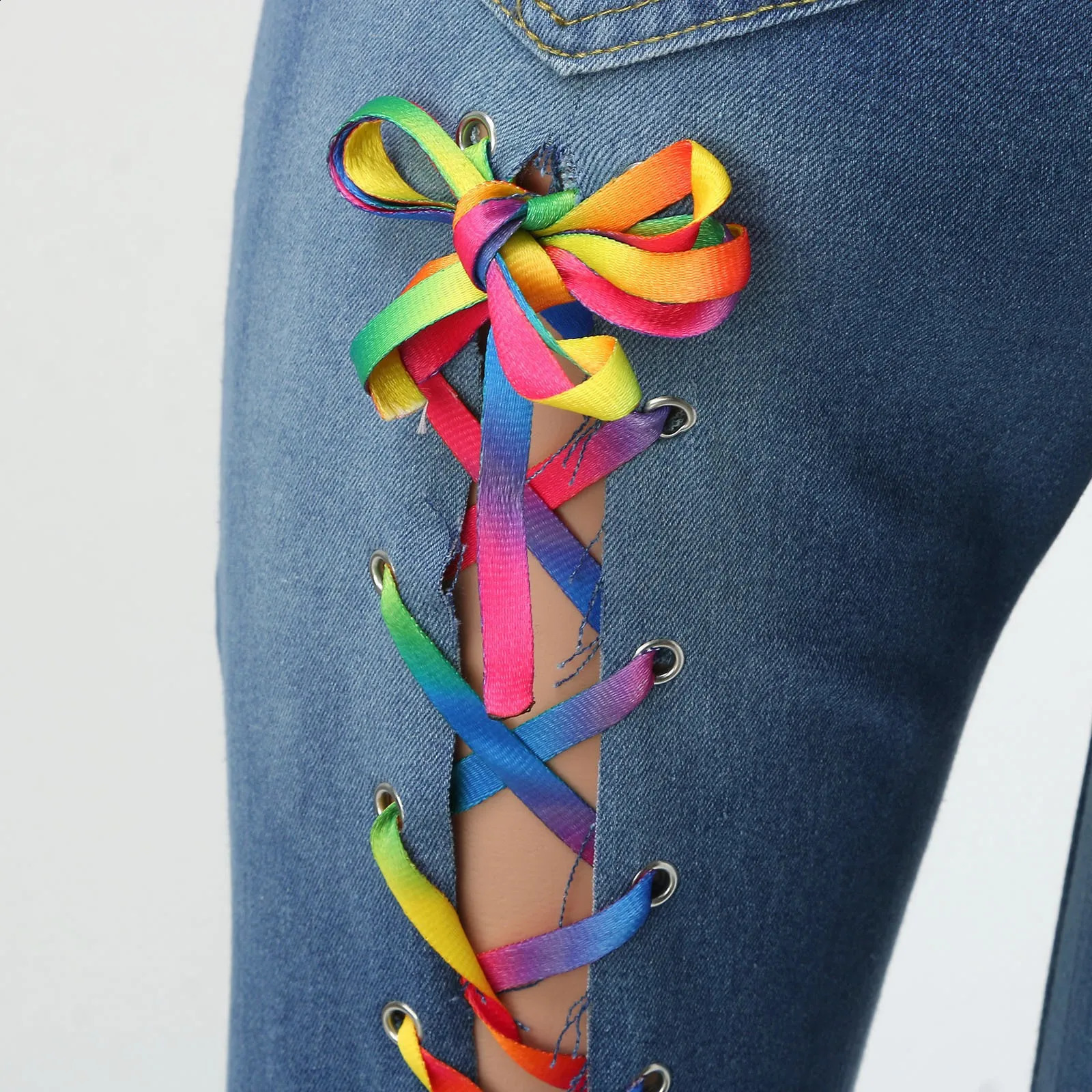 Ladies Color Straps Denim Pants Fashion Casual Stripe Sexy Pants Casual Slim Baggy Jeans For Women Korean Streetwear Trousers 240821