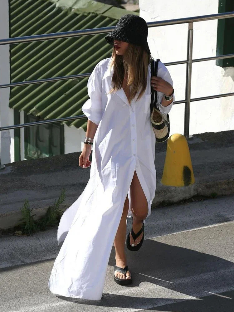 Fashion Lapel Single Breasted Split Shirt Maxi Dress Women Casual Long Sleeve Loose Long Robes Summer Chic Femme Street Vestidos 240821