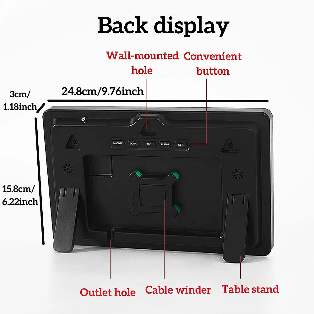 976inch remote control digital wall clock temperature humidity date automatic dimming weather meter 1224hour LED alarm w240821
