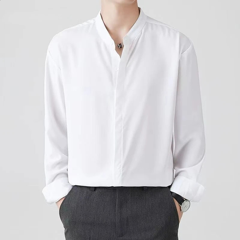High Quality Korean Fashion Stand Collar Shirt Men Long Sleeve Solid Color Business Casual Loose Simple Shirts for Men 240822