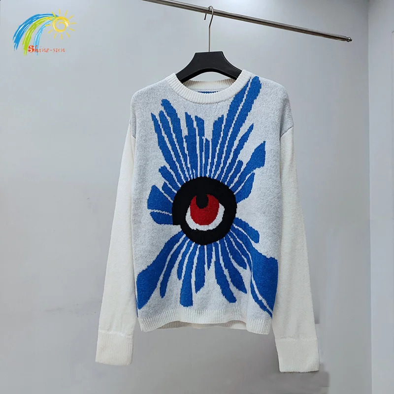 Classic Eye Jacquard Error Home Sweater Mens and Womens Quality Extra Large White Knitted Crewneck with Label Zipper 240821