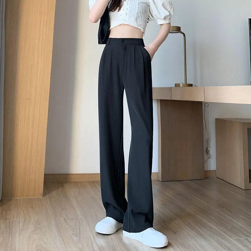 Workplace Suit Pants Women Spring Summer High-waist Vertical Casual Pants Gray Narrow Version of Wide-leg Pants Y2k 240821