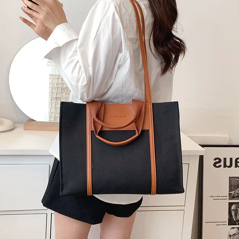 High Quality Canvas With Leather Big Shoulder Bags For Women Large Capacity Ladies Handbags Purses Shopper Bag 240822