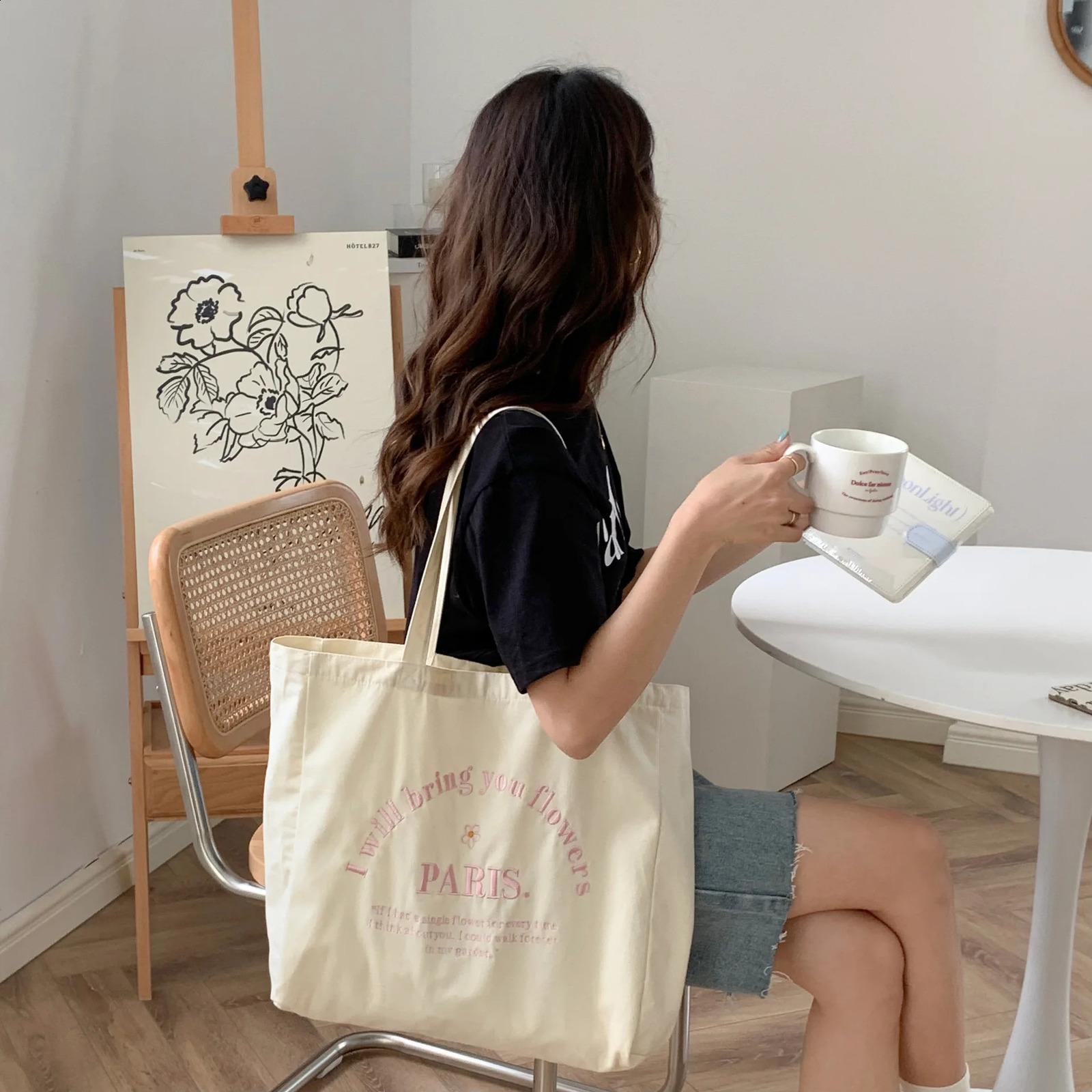 Letter Embroidered Womens Canvas Shoulder Bag Large Capacity Student Travel Casual Tote Handbags Female Eco Shopping Bags 240821