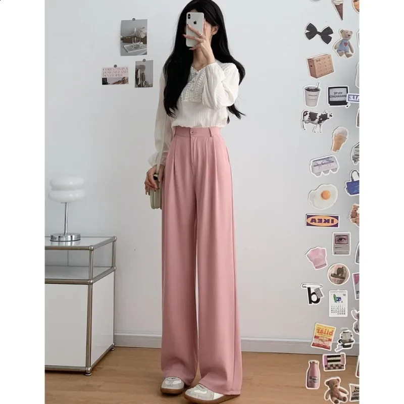 Womens Suit Pants Summer Spring Elegant Elastic High Waist Solid Casual Work Wide Leg Trouses Pants Female 240821