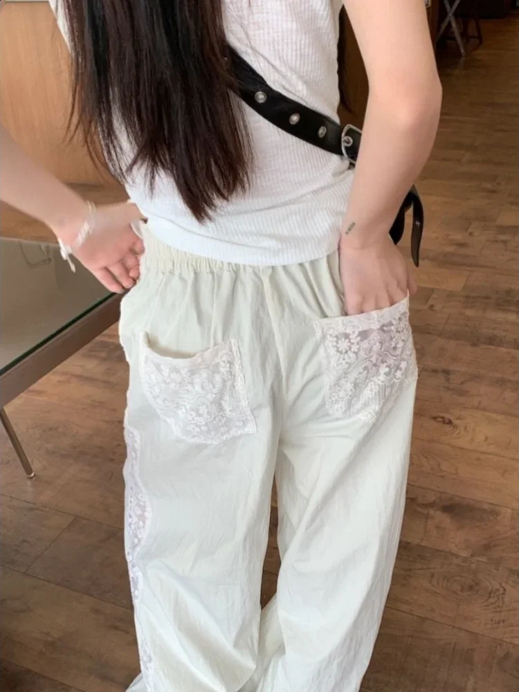ADAgirl Beige Striped Wide Leg Pants for Women Lace Patchwork Straight Trouser Elastic Waist Summer Fashion Casual Bottoms Mujer 240821