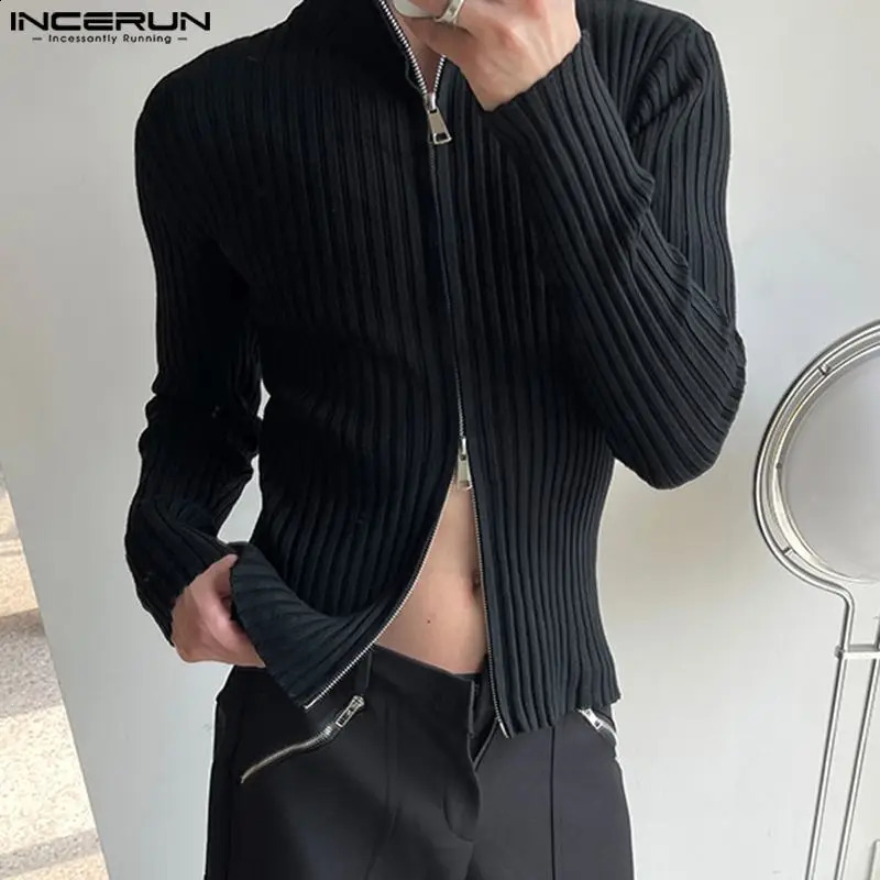 INCERUN Men T Shirts Solid Knitted Zipper Turtleneck Long Sleeve Casual Men Clothing Streetwear Autumn Fashion Tee Tops 240822