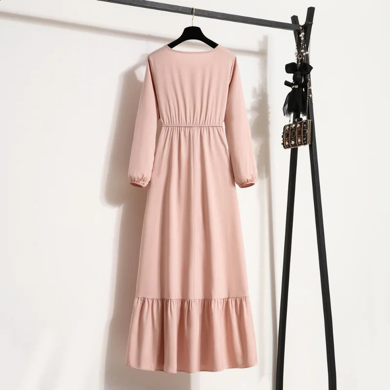 Women Long Dress Spring Autumn Mujer Vestidos Solid Full Sleeve O-neck Casual Chiffon Dresses Muslim Solid Loose Maxi Dresses 240822